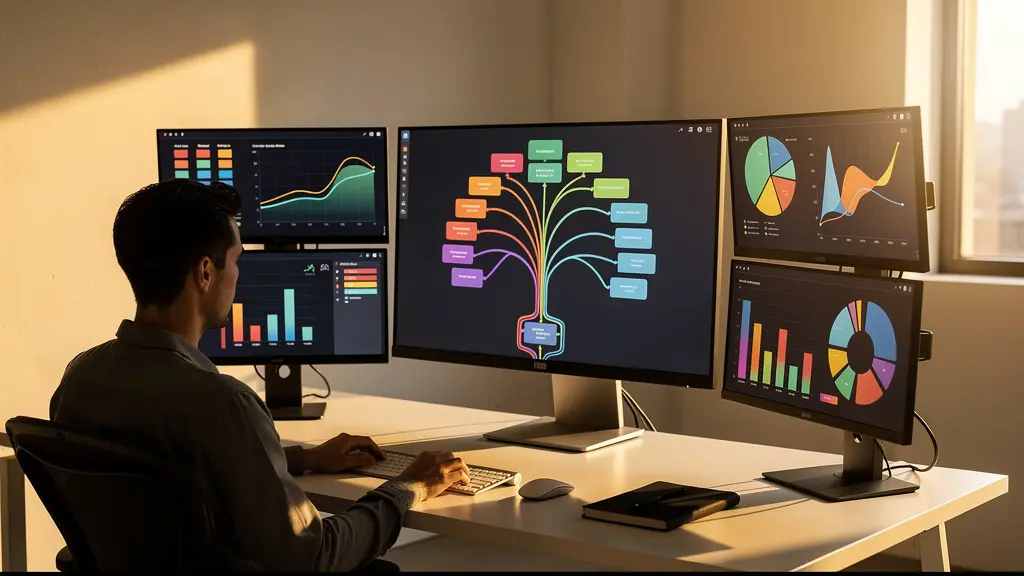 Expert analysant la structure d'un compte Google Ads sur plusieurs écrans avec graphiques de performance et réduction des coûts