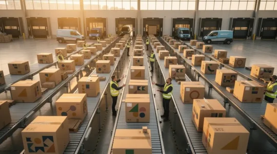 Vue aérienne d'un entrepôt logistique moderne avec système automatisé et flux de marchandises optimisés
