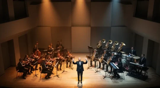 Vue aérienne d'un chef d'orchestre dirigeant trois sections d'un orchestre moderne représentant les leviers marketing SEO, SEA et Social