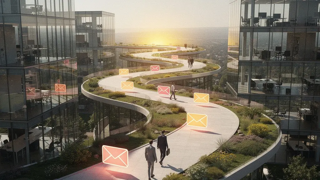 Séquence visuelle d'emails de nurturing guidant un prospect vers la conversion