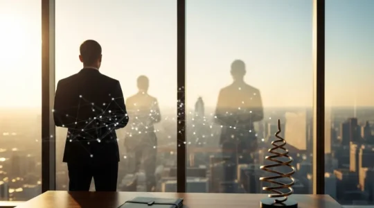 Dirigeant confiant se tenant debout dans un espace de travail lumineux et moderne, incarnant le leadership et l'attractivité professionnelle