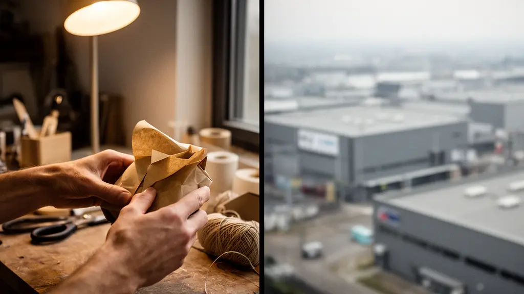 Un petit artisan e-commerçant préparant soigneusement un colis unique dans son atelier face à une immense rangée d'entrepôts industriels flous en arrière-plan