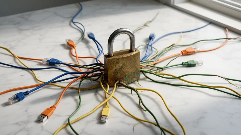 Vue large et minimaliste d'un cadenas massif posé sur une surface épurée, entouré de fils emmêlés symbolisant l'enfermement technologique du vendor lock-in