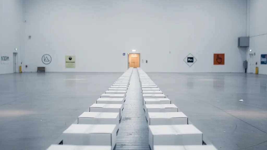 Rangée de produits génériques identiques dans un environnement minimaliste et froid, illustrant la perte de singularité dans un marché commoditisé