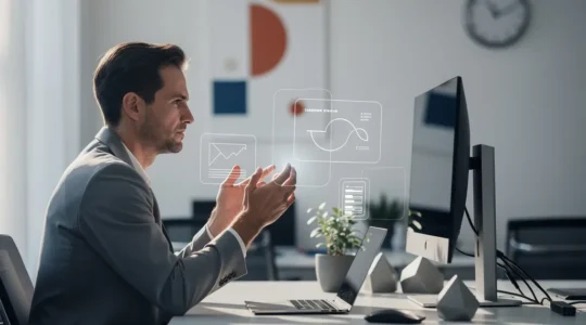 Professionnel utilisant plusieurs dispositifs numériques pour se former en ligne tout en travaillant