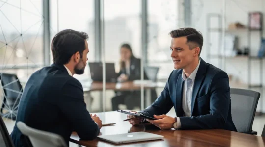 Professionnel en négociation salariale dans un bureau moderne avec des éléments de certification digitale