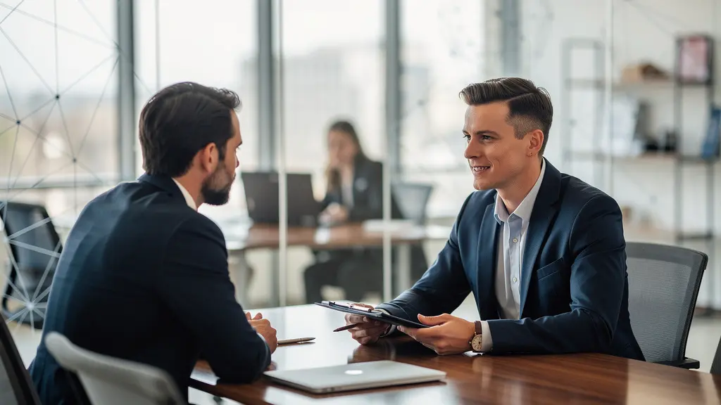 Professionnel en négociation salariale dans un bureau moderne avec des éléments de certification digitale
