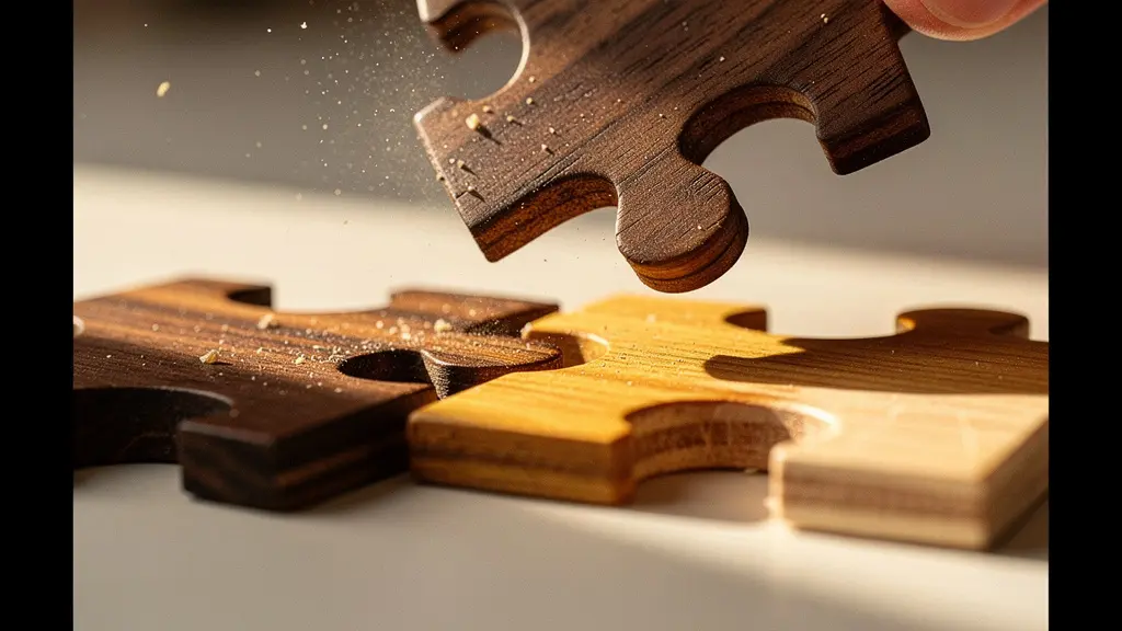 Gros plan macro sur des pièces de puzzle techniques en bois s'imbriquant avec précision, symbolisant la spécificité et la complexité honnête d'une offre d'emploi tech bien rédigée