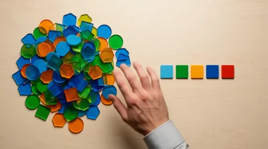 Vue aérienne d'un bureau épuré avec des piles de cartes d'abonnement colorées triées en groupes distincts, symbolisant l'optimisation du parc logiciel SaaS