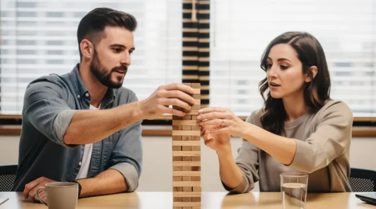 Deux professionnels ajustent une tour de blocs en bois sur une table, symbole d'une valeur client qui se construit dans le temps, avec un large espace vide pour le titre.