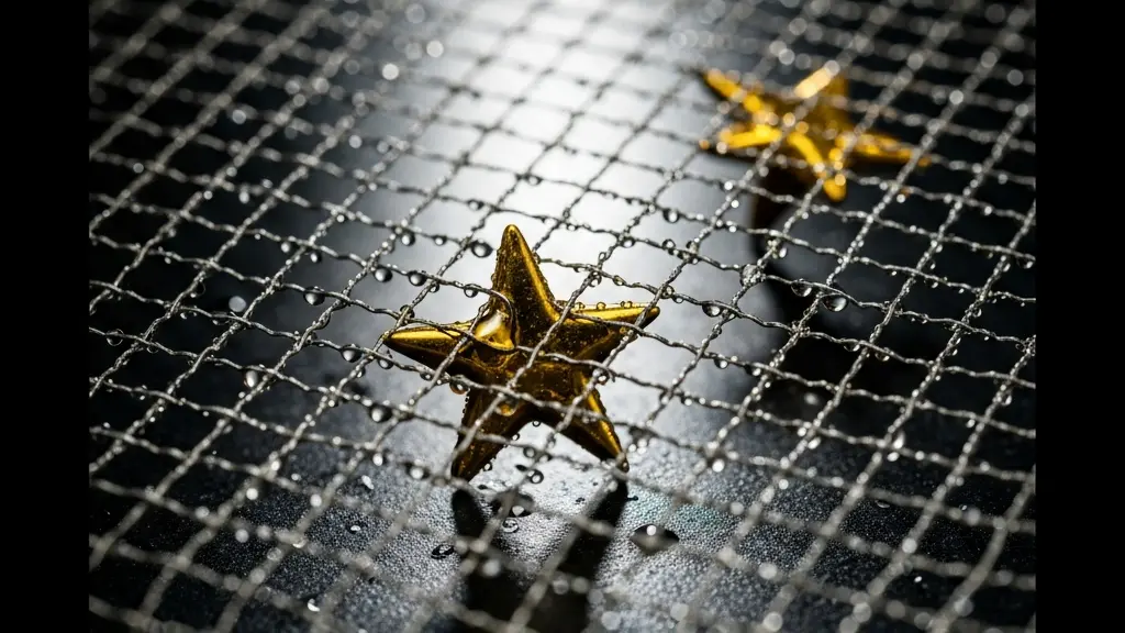 Gros plan macro sur des étoiles dorées artificielles prises dans un filet métallique symbolisant le piège des faux avis en ligne