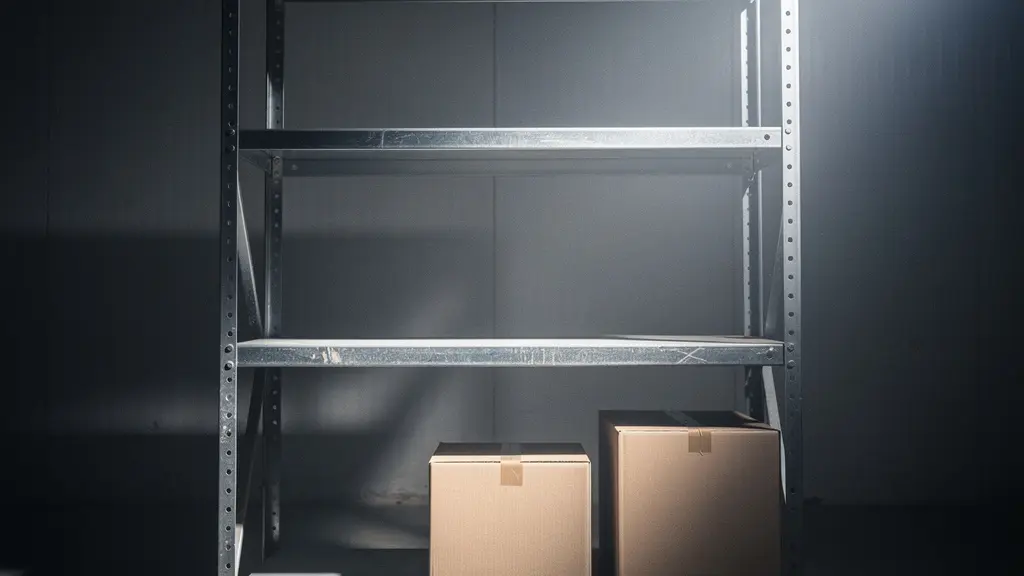 Étagère métallique industrielle partiellement vide avec quelques cartons isolés, symbolisant la rupture de stock et la perte de confiance client
