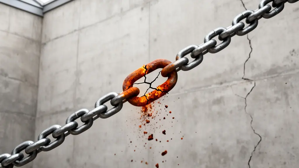 Chaîne métallique dont un maillon est fissuré et fragilisé, symbolisant la vulnérabilité d'une dépendance logicielle compromise dans la supply chain