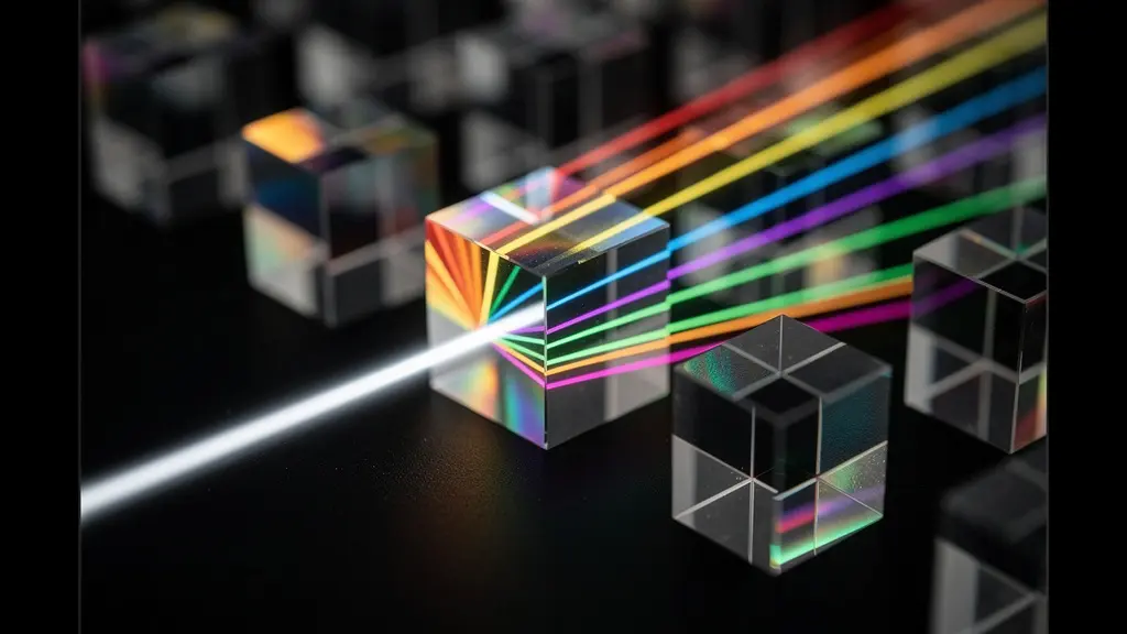 Prismes de verre décomposant un faisceau de lumière en segments colorés