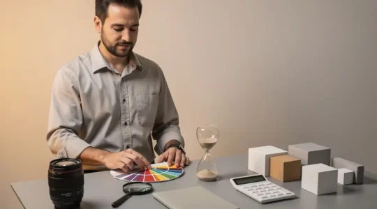 Un social media manager dans un studio de travail, entouré d’objets symbolisant la création, l’analyse, la veille et la gestion de crise, avec un large espace vide pour le titre.