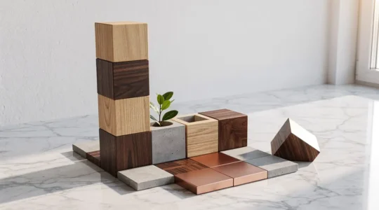 Composition symbolique de briques modulaires emboîtées représentant les couches d'une architecture logicielle e-commerce, éclairées par une lumière naturelle latérale