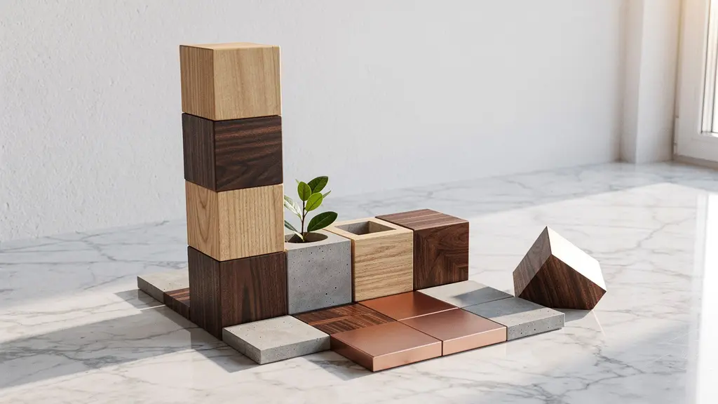 Composition symbolique de briques modulaires emboîtées représentant les couches d'une architecture logicielle e-commerce, éclairées par une lumière naturelle latérale