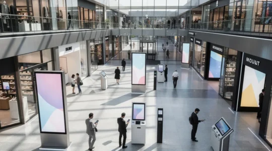 Vue aérienne d'un centre commercial moderne avec des écrans interactifs et des clients naviguant entre boutiques physiques et applications mobiles