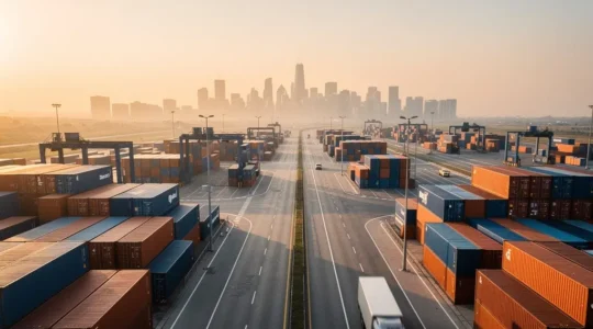 Vue aérienne d'un réseau logistique interconnecté avec des entrepôts et des routes de livraison symbolisant une supply chain fiable