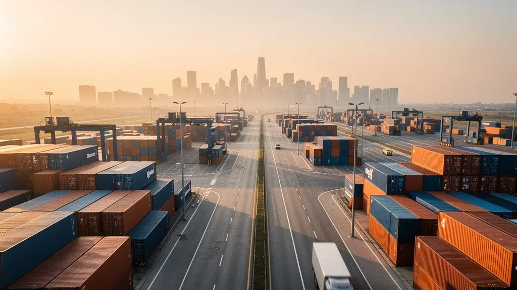 Vue aérienne d'un réseau logistique interconnecté avec des entrepôts et des routes de livraison symbolisant une supply chain fiable