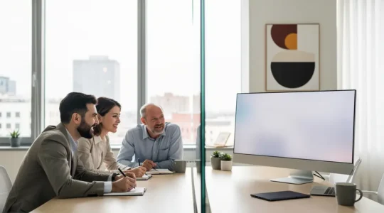 Équipe professionnelle collaborant à distance via des écrans connectés dans un environnement hybride lumineux