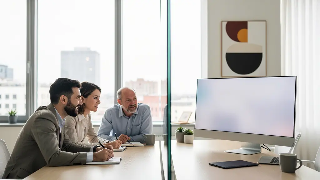Équipe professionnelle collaborant à distance via des écrans connectés dans un environnement hybride lumineux