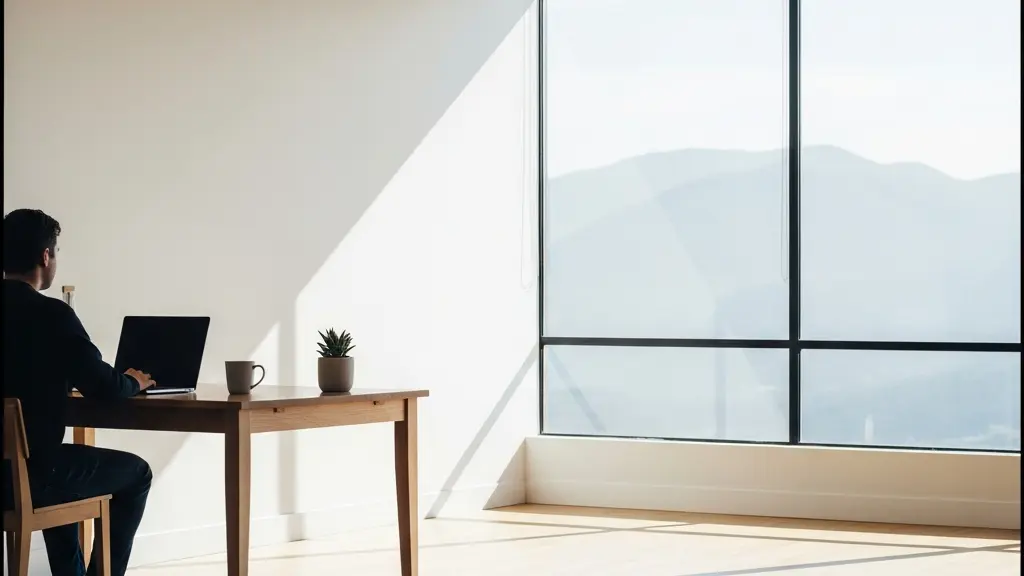 Vue large et minimaliste d'un espace de co-working lumineux et épuré avec un poste de travail isolé face à une grande baie vitrée donnant sur un paysage naturel, symbolisant le travail à distance