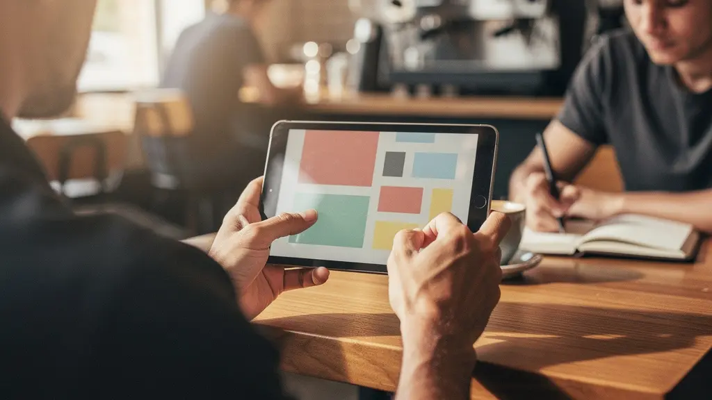 Personne testant une interface sur tablette dans un café lumineux avec observateur prenant des notes