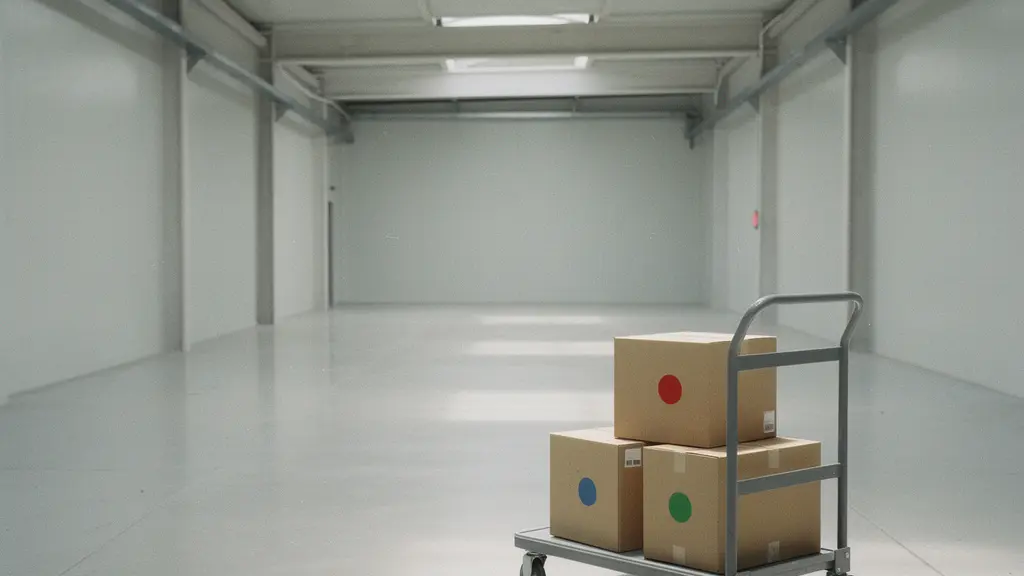 Vue large minimaliste d’un espace logistique avec plusieurs colis neutres portant des pastilles de couleur sans texte, symbolisant l’unification multi-transporteurs.