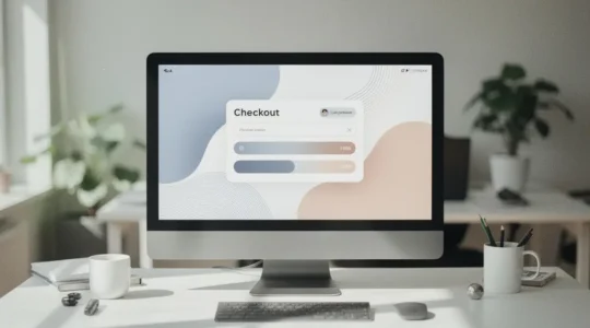 Interface de checkout épurée avec barre de progression et éléments de réassurance sur écran de bureau professionnel