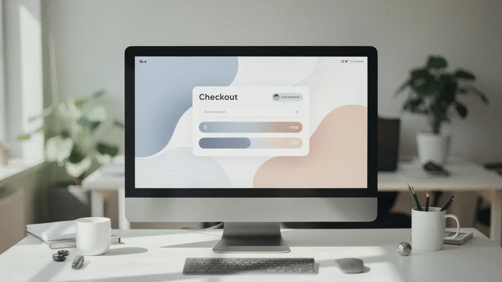 Interface de checkout épurée avec barre de progression et éléments de réassurance sur écran de bureau professionnel